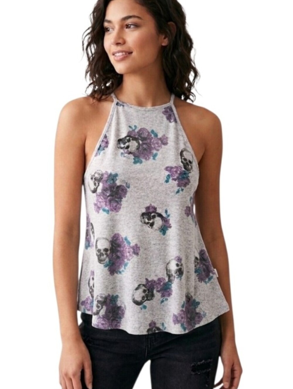 White Floral Skull Flowy  Halter Tank